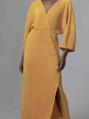 Anthropologie Plisse Mustard Midi Wrap Dress XL